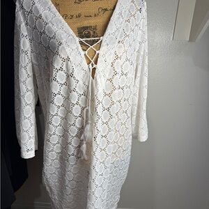 Kona Sol White Crochet Swim Coverup with Tassel Tie